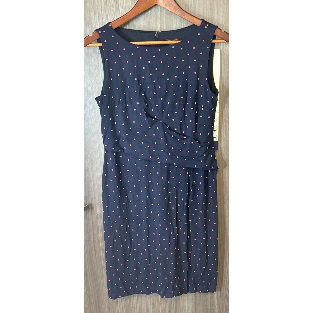 Ann Taylor Mini Sheath Dress Women's 4 Petite Blue Polka Dot Boat Neck Back Zip‎